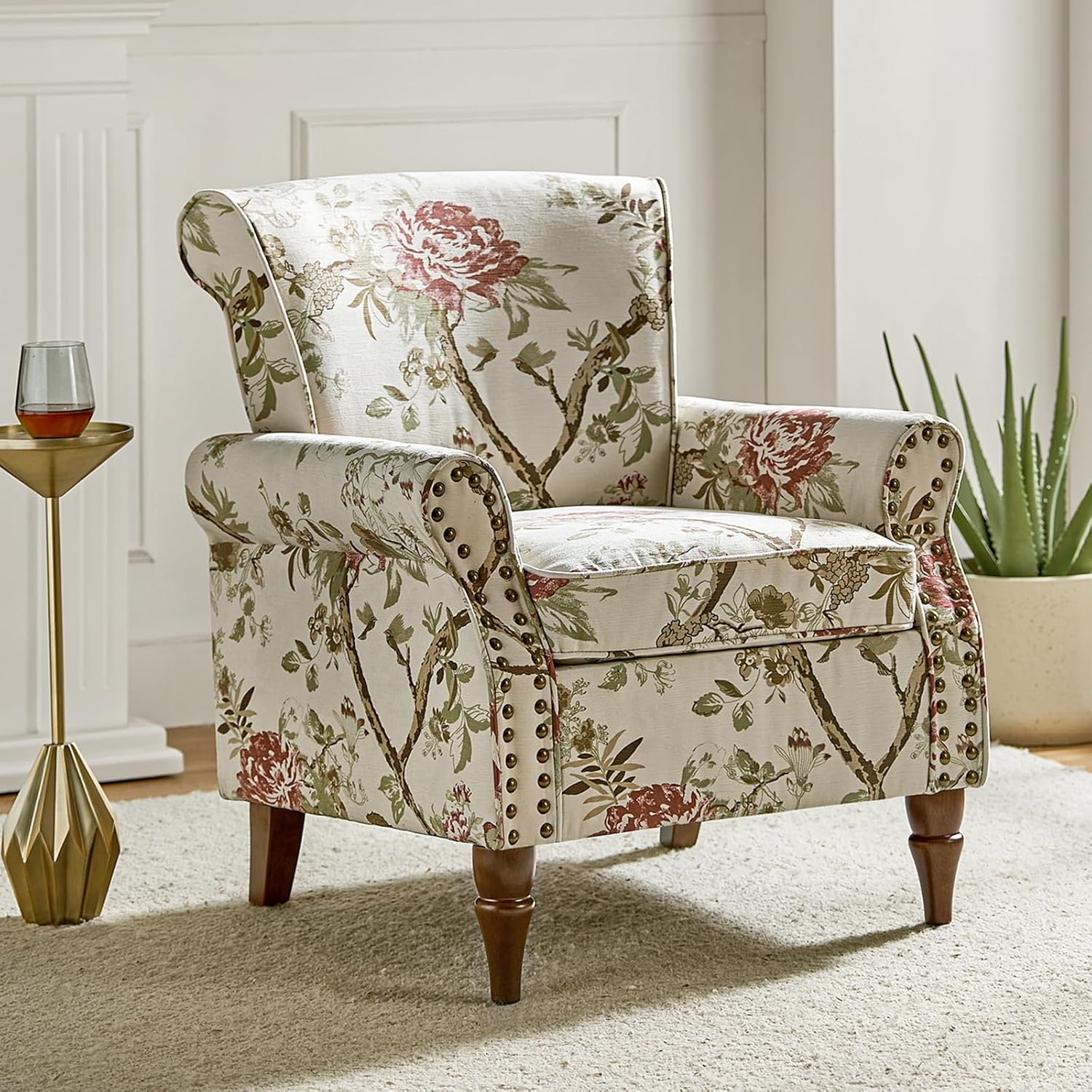 HULALA HOME Sessel gemütlich Ohrensessel Lesesessel bequem mit gerollten Armlehnen und Rücken Massivholzbeinen und Blumenmuster für Wohnzimmer Schlafzimmer, Weiß