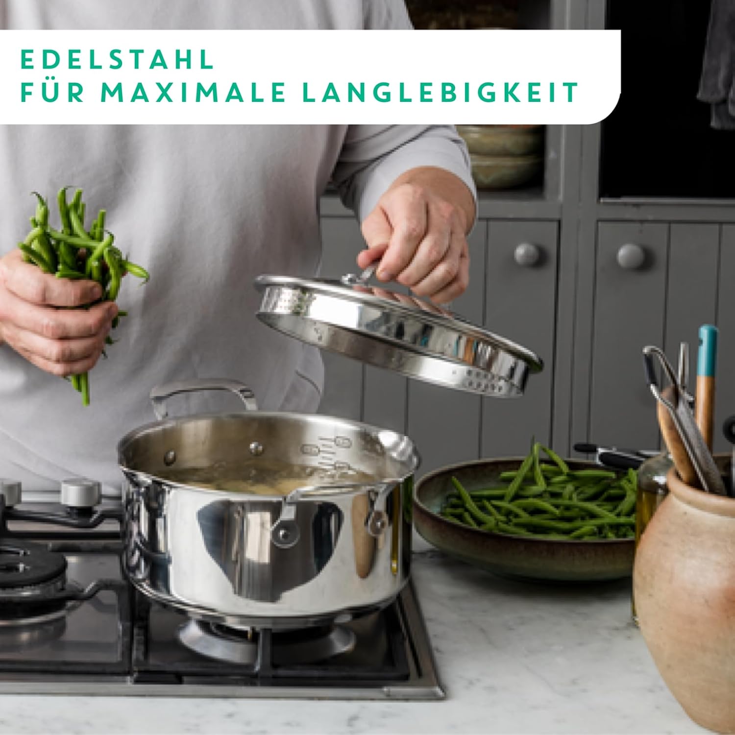 Tefal Jamie Oliver Cook's Direct On 8-teiliges Edelstahl-Pfannenset: Pfannen 20/28 cm, Stielkasserollen 16/18/20 cm + Deckel, Antihaftbeschichtung, Thermo-Signal, genieteter Griff, Induktion, E304S544