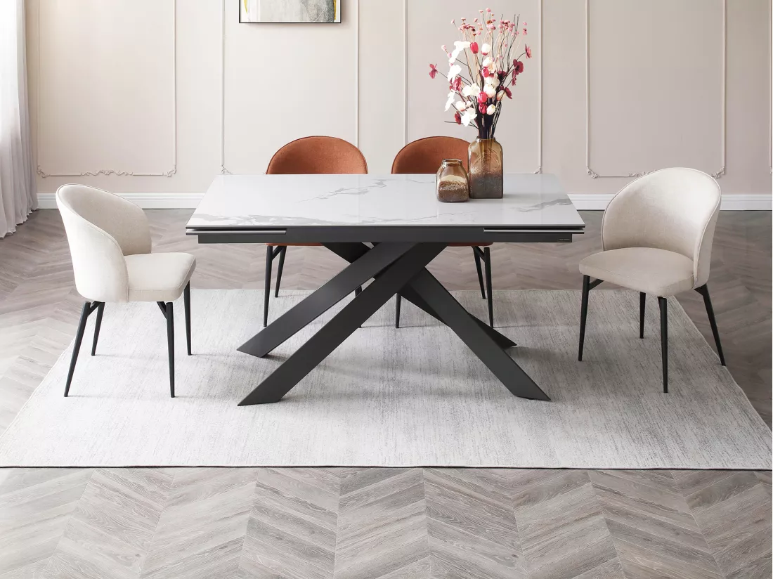 Table à manger extensible 6 à 10 personnes en céramique, verre trempé et métal - Effet marbre blanc et anthracite - COREMA de Maison Céphy