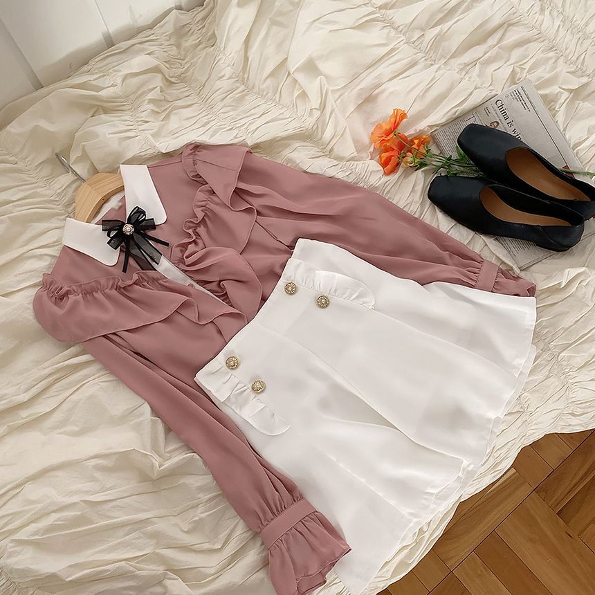 RONIN - Blouse met lange mouwen, kraag en tweekleurige ruches
