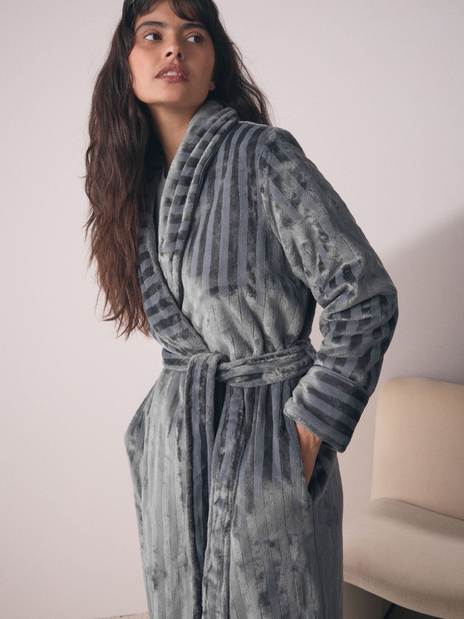 Grijs - Supersoft Tonal Stripe Dressing Gown