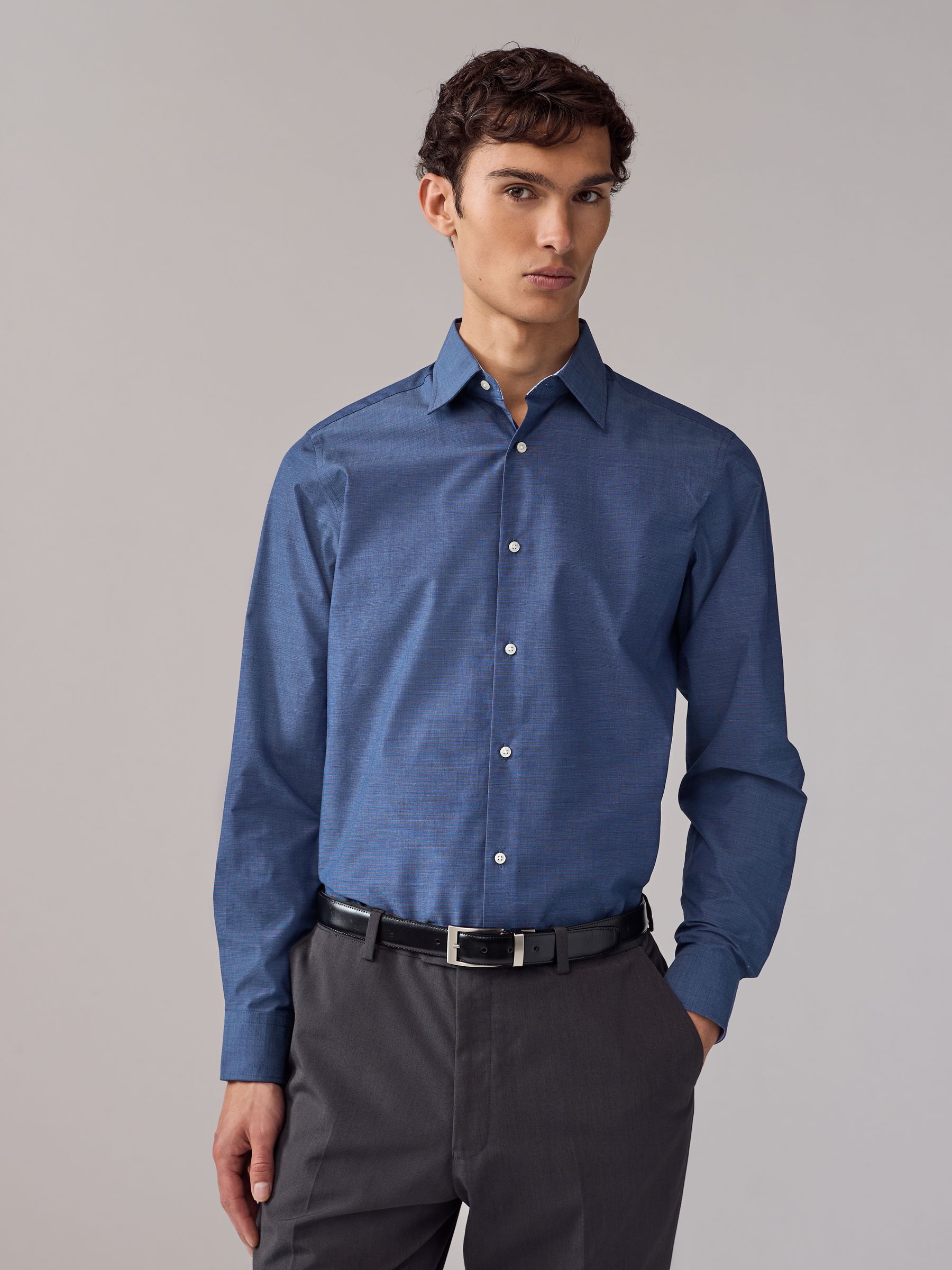 Indigo Blauw/Denim Blauw Stip/Wit Geometrisch Motief - Normale Pasvorm - Strijkvrije slimme overhemden met enkele manchet 3 pak