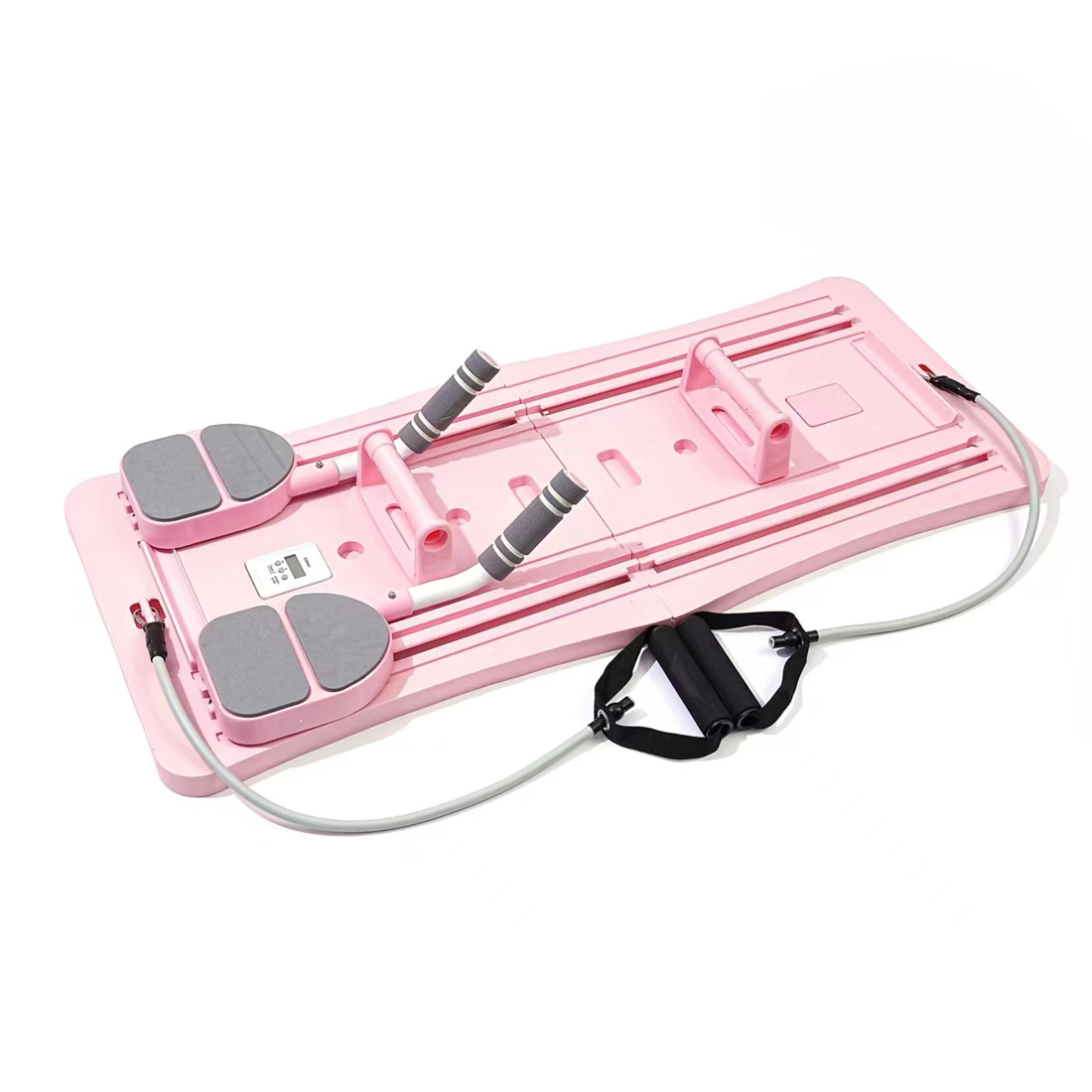 Multifunktionales Fitness Brett Pilates Reformer Board Faltbares Home Workout Sport Gerät inkl. Timer / Kniematte - Rosa