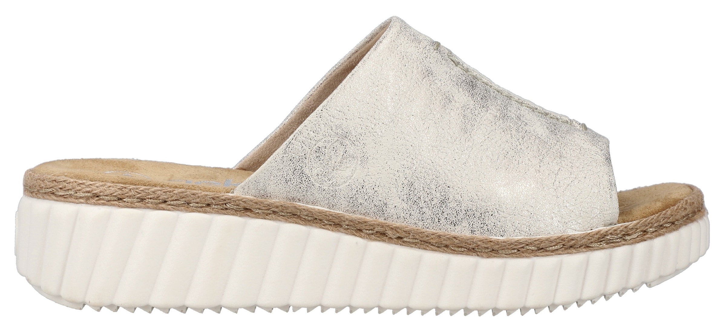 Rieker Pantolette  , Keilabsatz, Sommerschuh, Schlappen mit Juterahmen an der Laufsohle