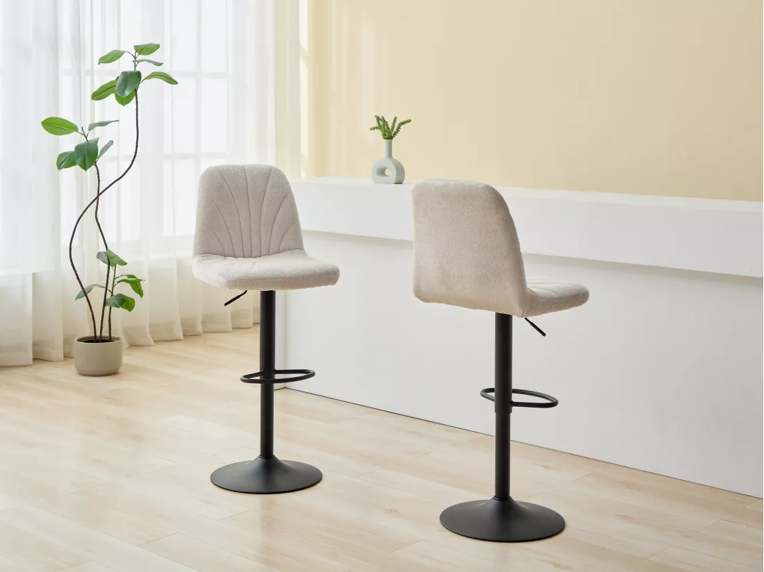 Lot de 2 tabourets de bar en tissu texturé et métal noir - Hauteur réglable - Crème - LASANDRIA