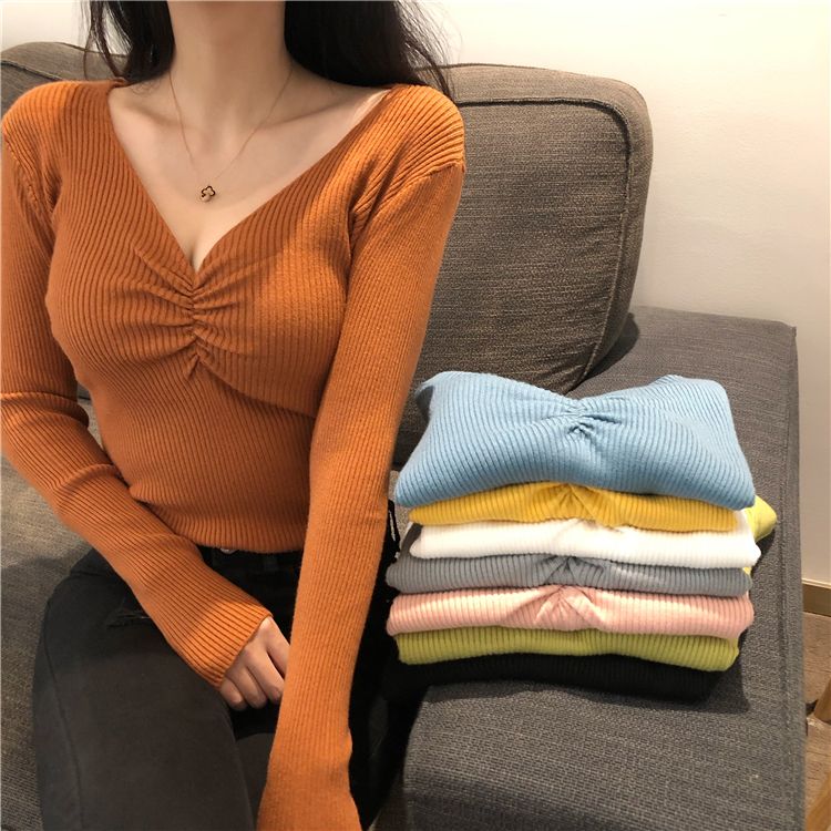 Shinsei - V-hals geribbelde gebreide top