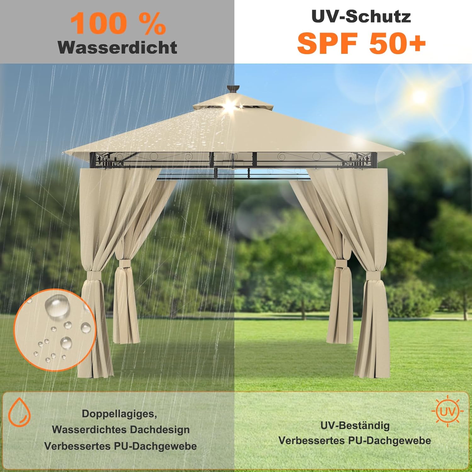 Devoko Garden Pavillon 3x3 Wasserdicht Stabil Winterfest Deluxe Gazebo, UV-Schutz 50+ Doppellagiges Grilpavillons mit seitenwänden für 4-8 Personen, Partyzelt für Freizeit, Partys, Beige mit LED