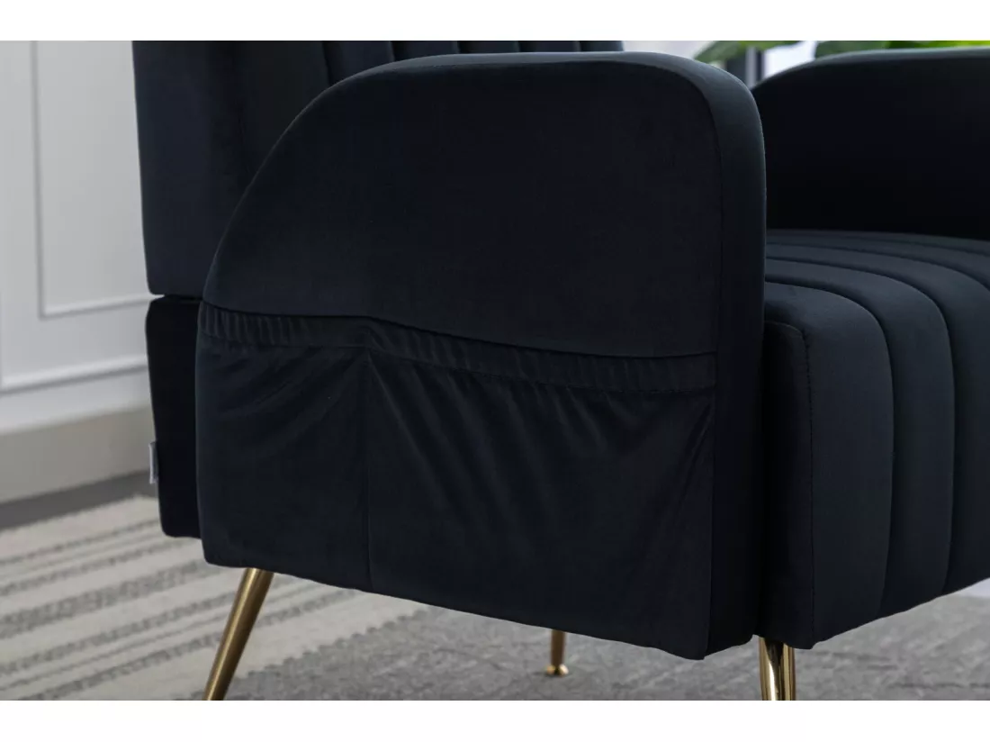 Fauteuil cabriolet en velours noir, avec poches latérales, pieds en métal, charge max 90kg, 69x72x93cm