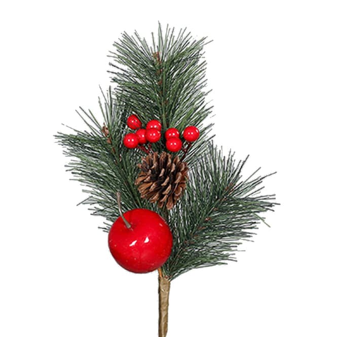 Dekozweig - Kiefer mit Apfel - grün/rot - ca. 36 cm