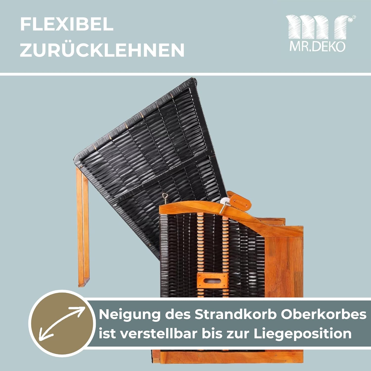 Strandkorb Ostsee Volllieger 2-Sitzer | PE Geflecht Schwarz Bezug Uni grau | inkl. 4 Kissen & Klapptisch | Strandstuhl verstellbar | Strandkörbe Hartholz Fußablage (Dessin Grau Weiß)