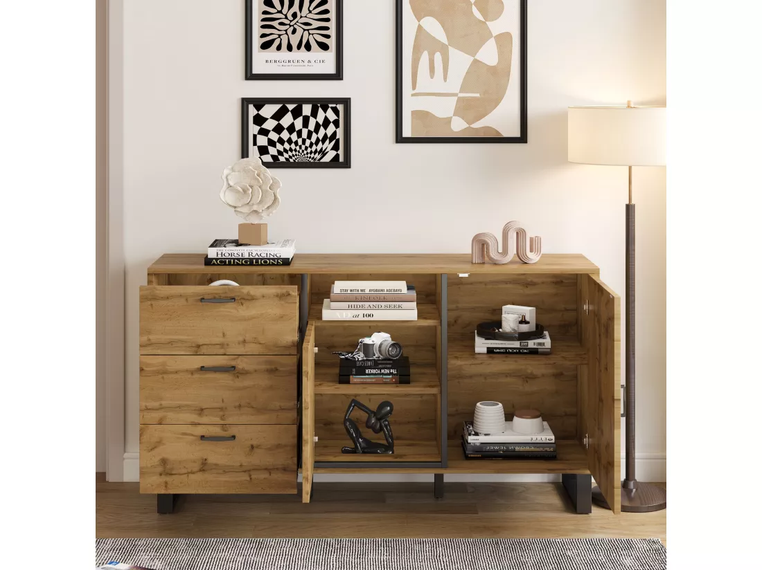 Buffet effet bois 2 portes 3 tiroirs 150*38*77cm BILVIR