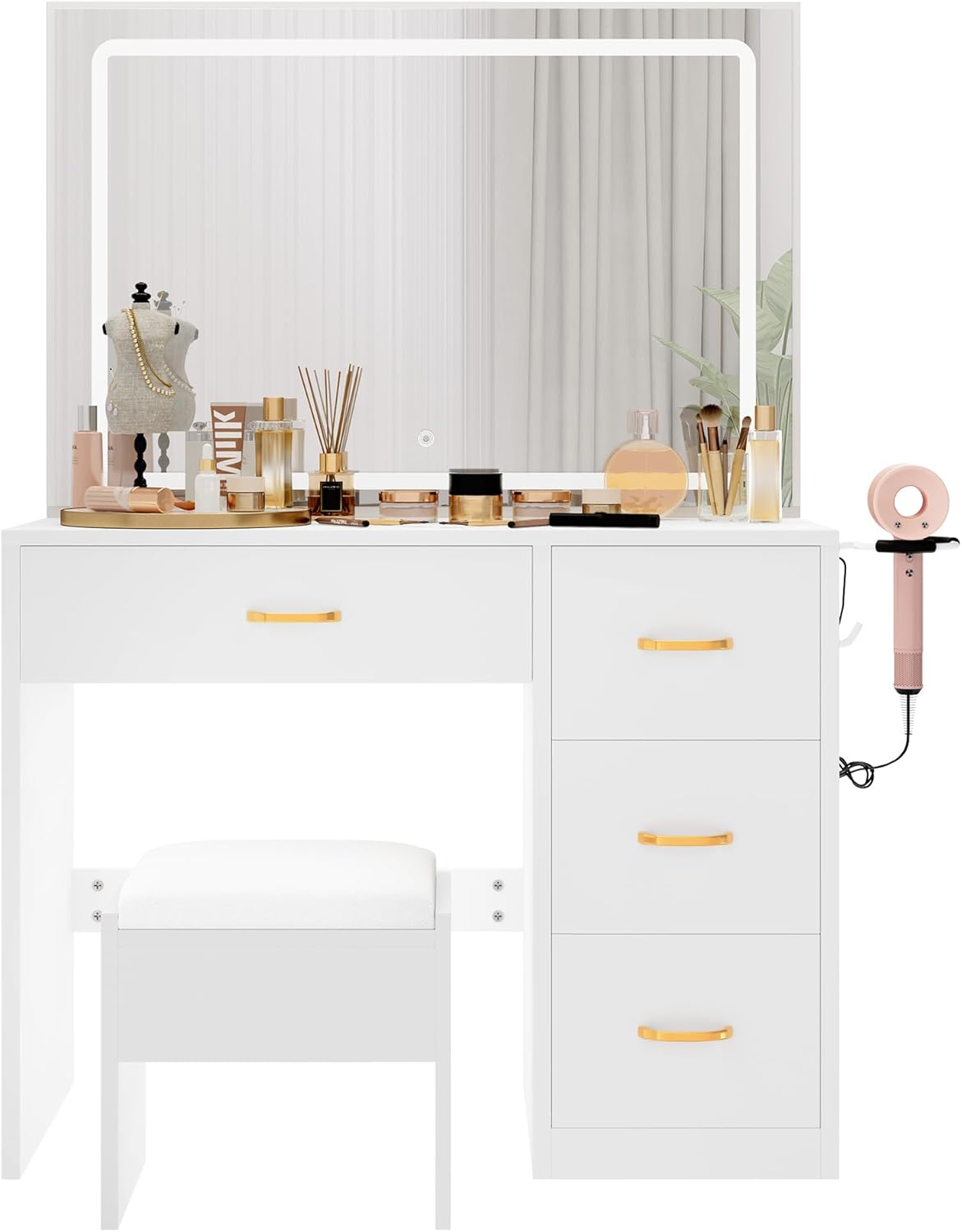 YITAHOME Schminktisch mit Spiegel, Kosmetiktisch mit 4 Schubladen, Beleuchtung, Steckdose, Weiß (Make Up Tisch, Frisiertisch, Kosmetiktisch, Vanity Table)
