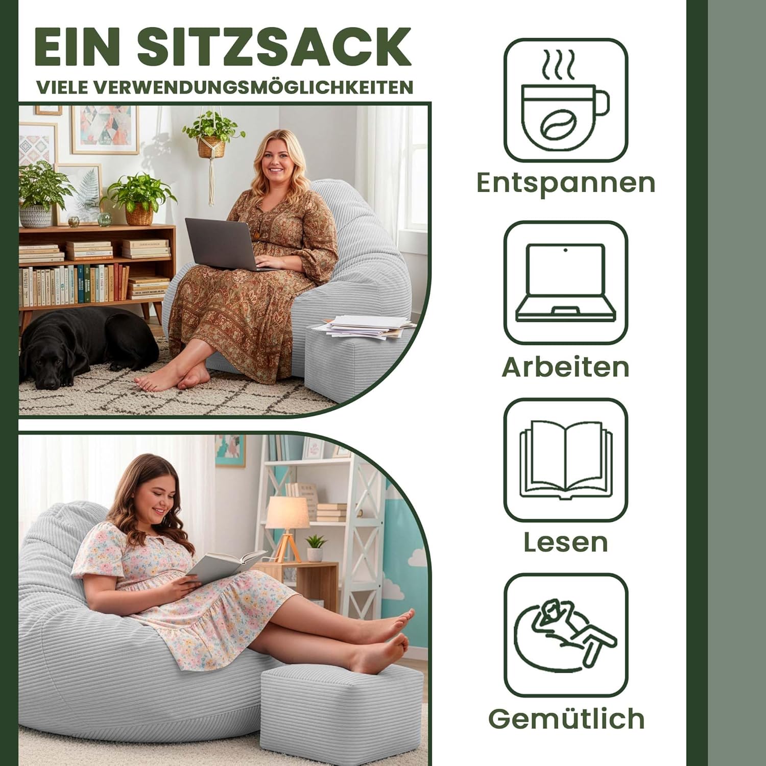 DreamRoots Sitzsack Erwachsene Cord oder Kinder - Bean Bag Sofa - Sitzsack Cord mit Hocker und Bezug - Sitzsäcke mit Füllung 90x90x100 cm Cool Gray