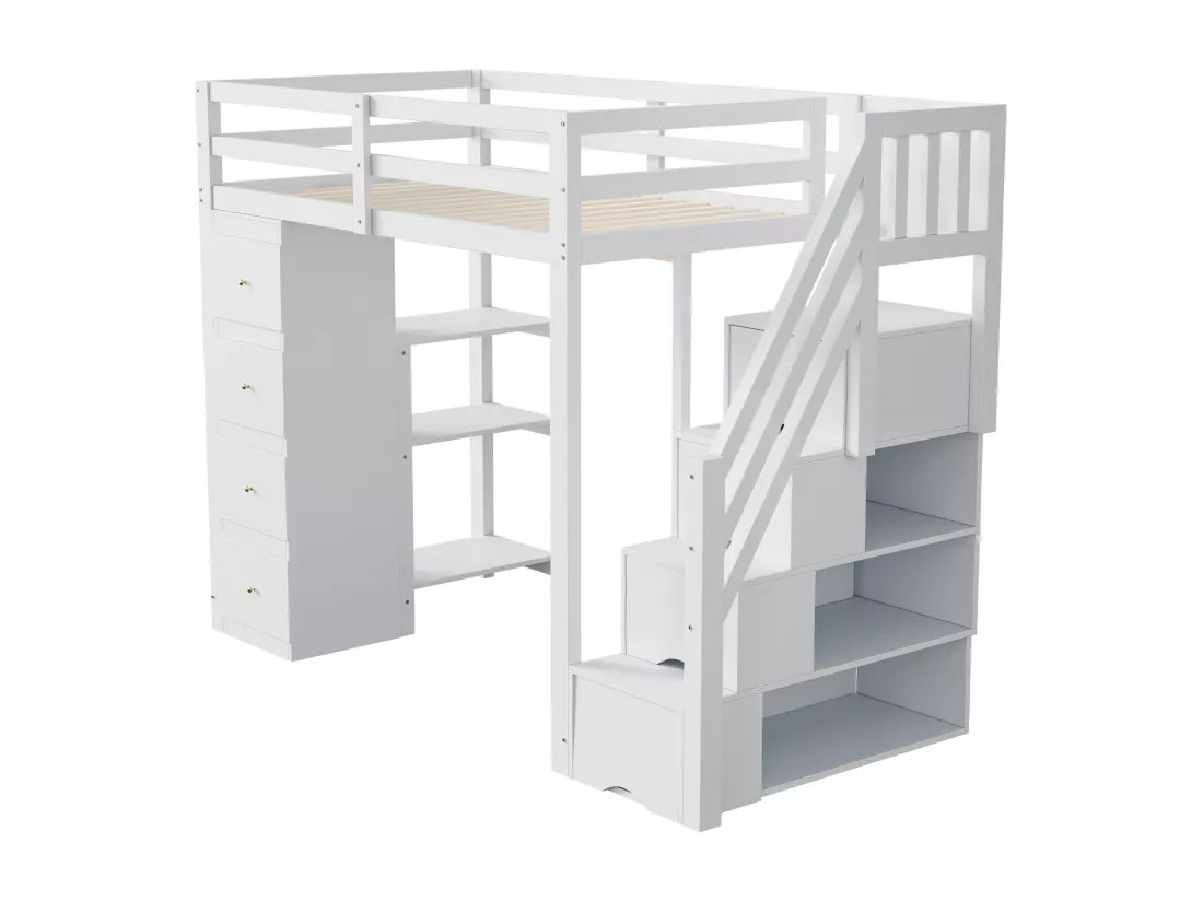 Lit mezzanine 90x200cm en bois massif - avec 4 tiroirs et escalier de rangement - Blanc (matelas non inclus)