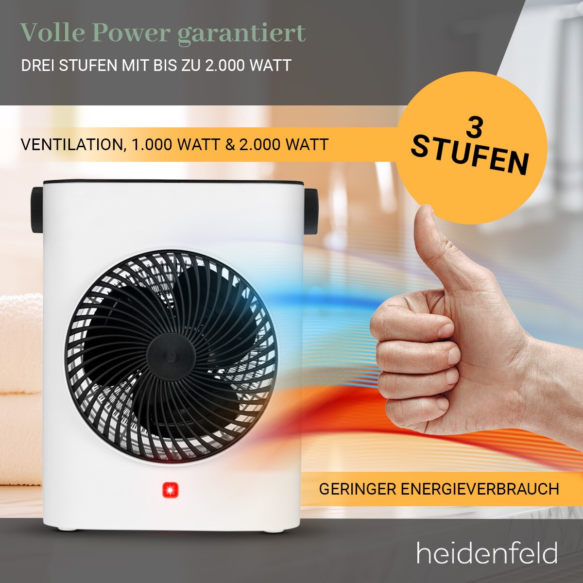 Heidenfeld Heizlüfter HL100, 1000-2000 Watt, Thermostat, Überhitzungsschutz, 25 m², PTC-Elemente