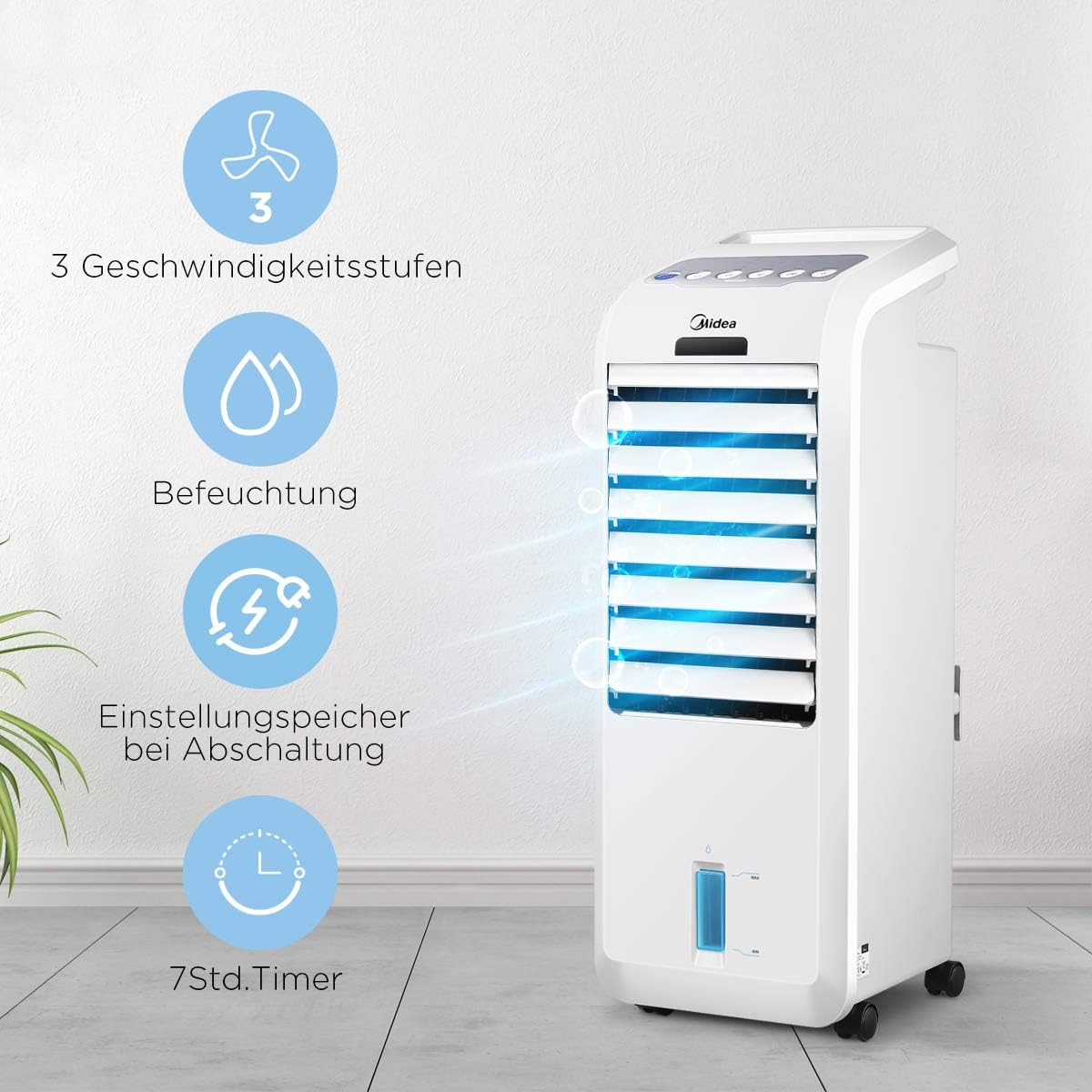 Midea AC100-16BR Luftkühler mit Wasserkühlung, Klimaanlage Mobil, Ventilator mit 5L Wasserkühlung, Luftbefeuchter, mit Fernbedienung, 7H Timer, Weitwinkeloszillation, LED Anzeige, 55W