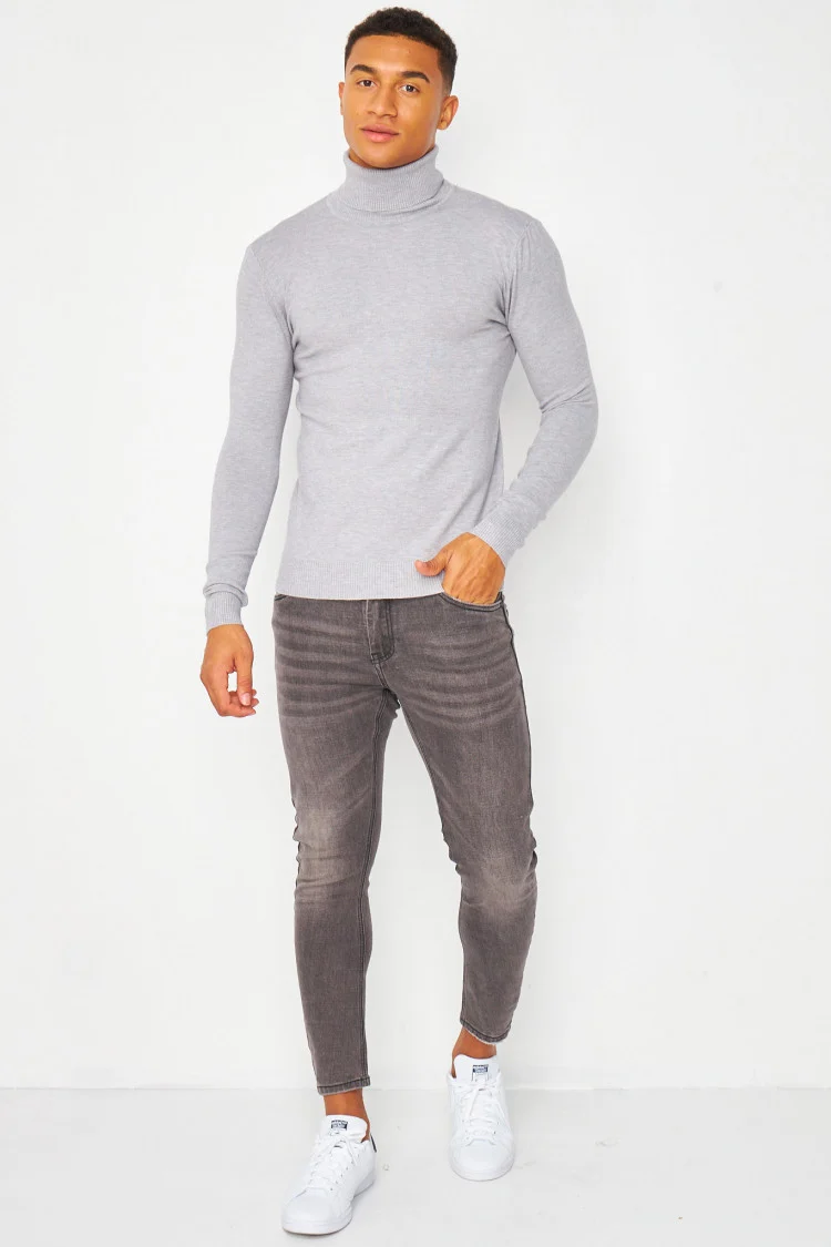 Pull col roulé gris uni