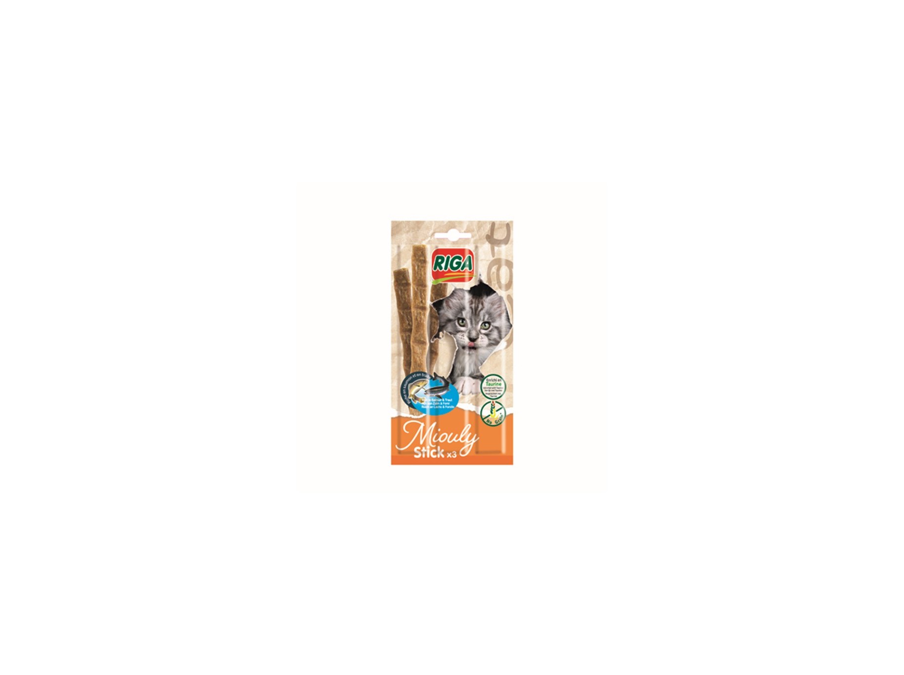 SNACKS PARA GATO RIGA MIOULY GRAIN FREE COM SALMÃO E TRUTA PACK 3UNIDADES