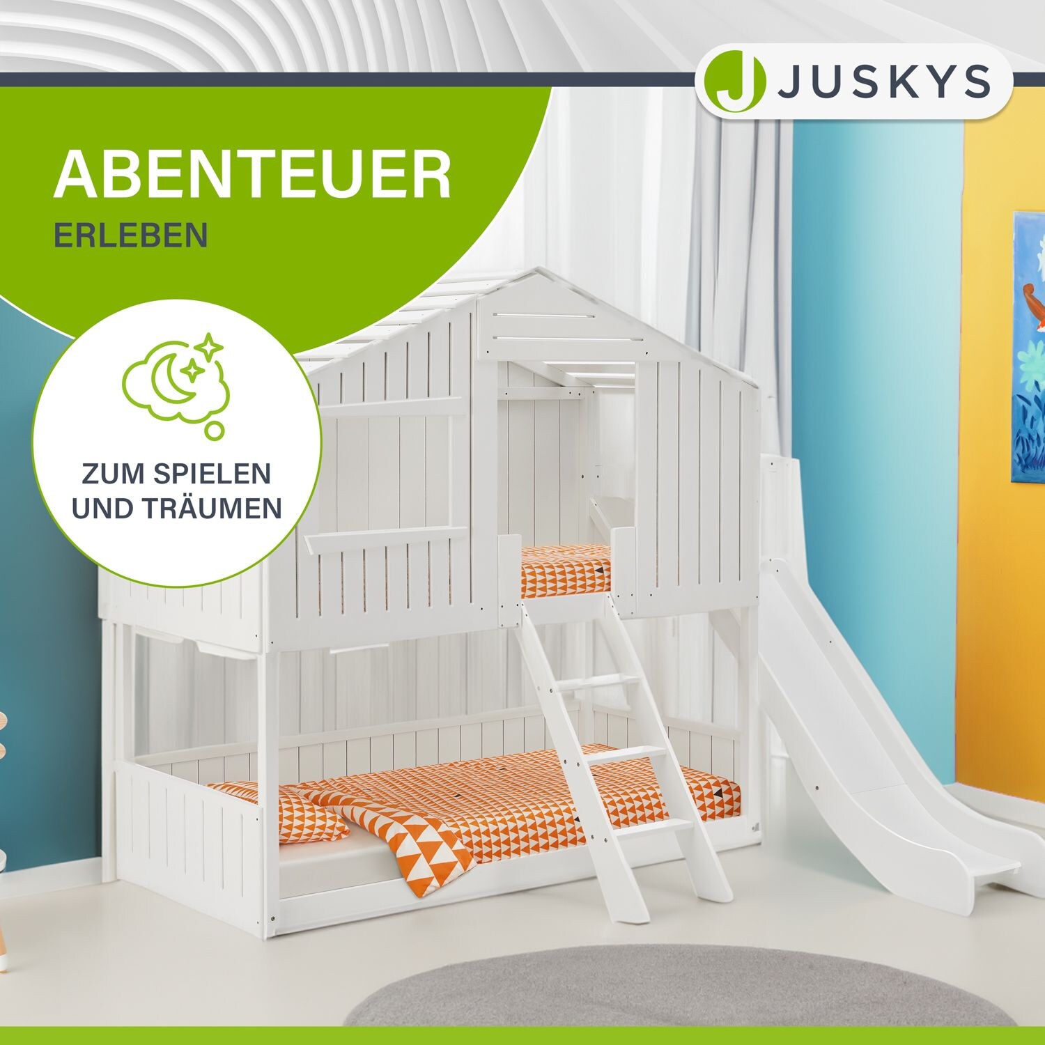 Juskys Kinderbett Baumhaus 90x200 cm Weiß mit Rutsche, Dach & Lattenrost – Hausbett für Kinder