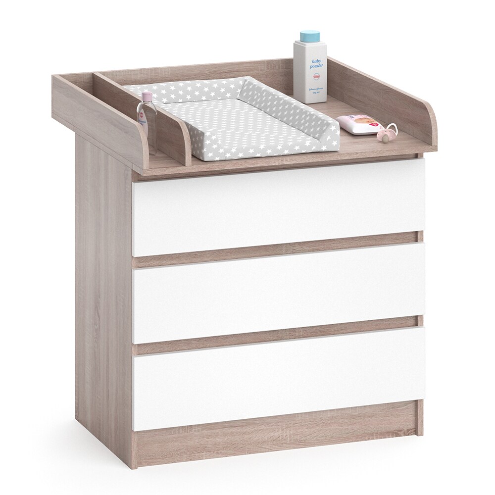 Vicco Wickelkommode Wickeltisch Kommode mit 3 Schubladen Emma Weiß Sonoma Baby