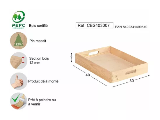 Caisse en bois de rangement 40 x 30 x 7 cm