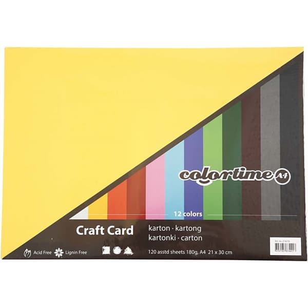 Creativ kartong, A4, ark 210x297 mm, 180 g, ass. farger, 12x10 ark/ 1 pk.