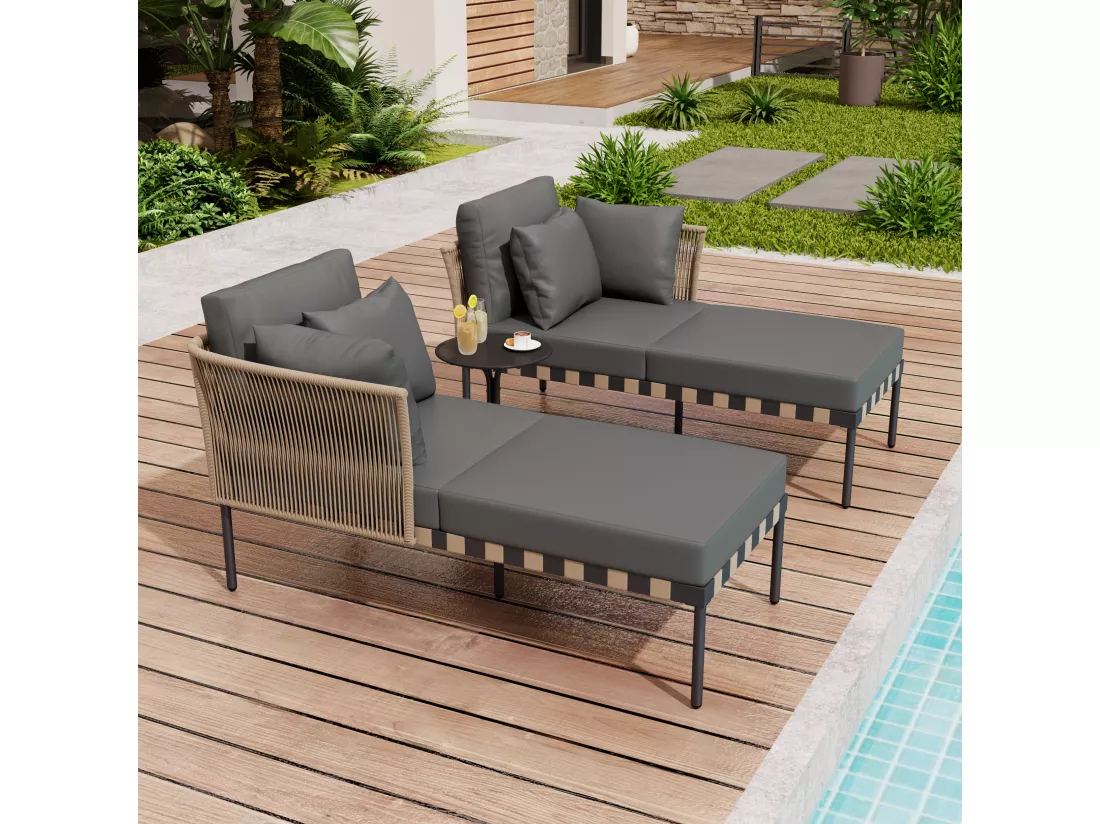 Bain de soleil - canapé de jardin - chaise longue de jardin démontable et modulable - en fer galvanisé et Rotin - 2 places - Gris