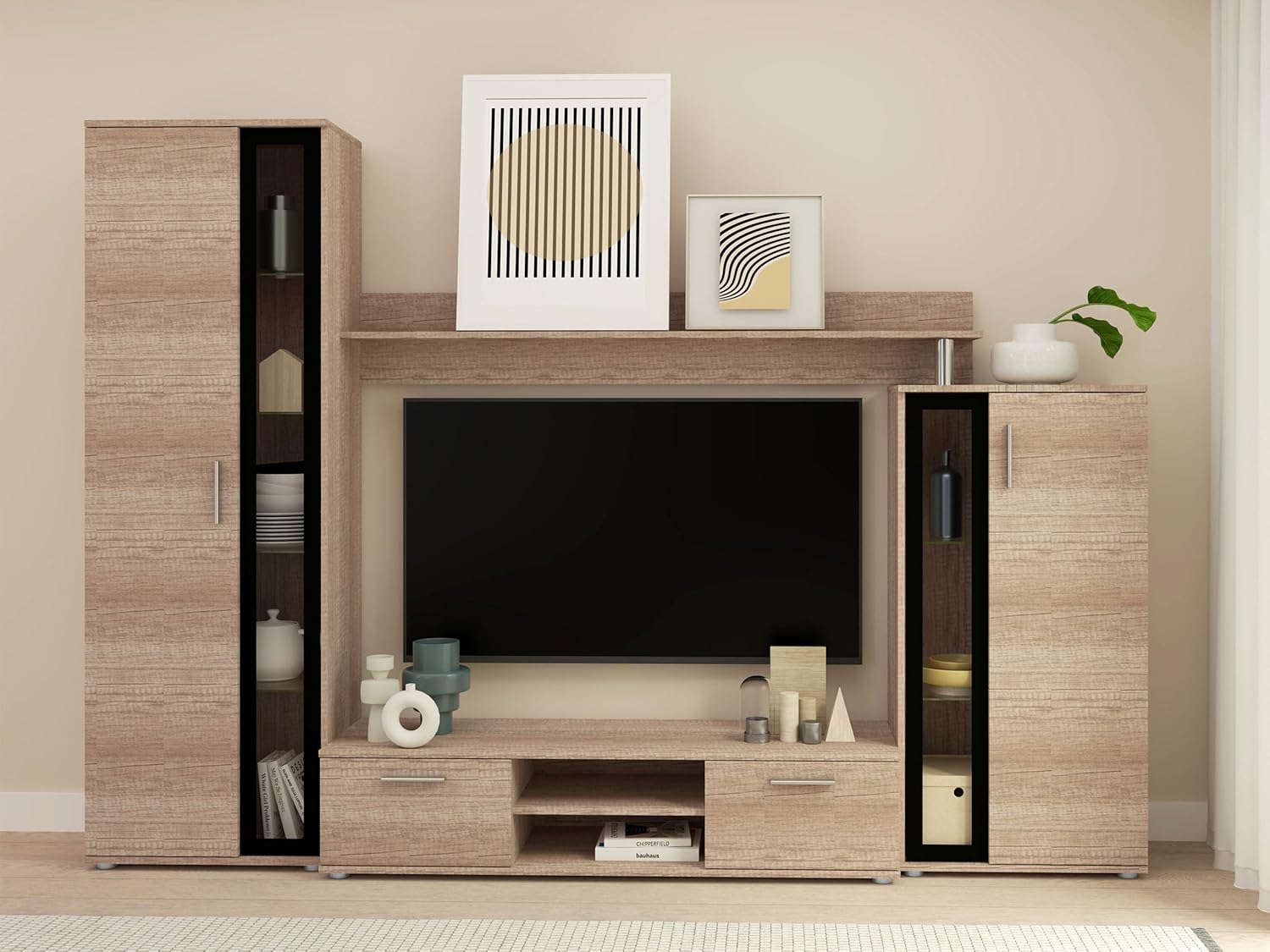 Mirjan24 Wohnwand Bentley, Praktische Anbauwand, Schrankwand, Mediawand, mit viel Stauraum, Top-Qualität (Country Oak Grey/Schwarz, ohne LED Beleuchtung)