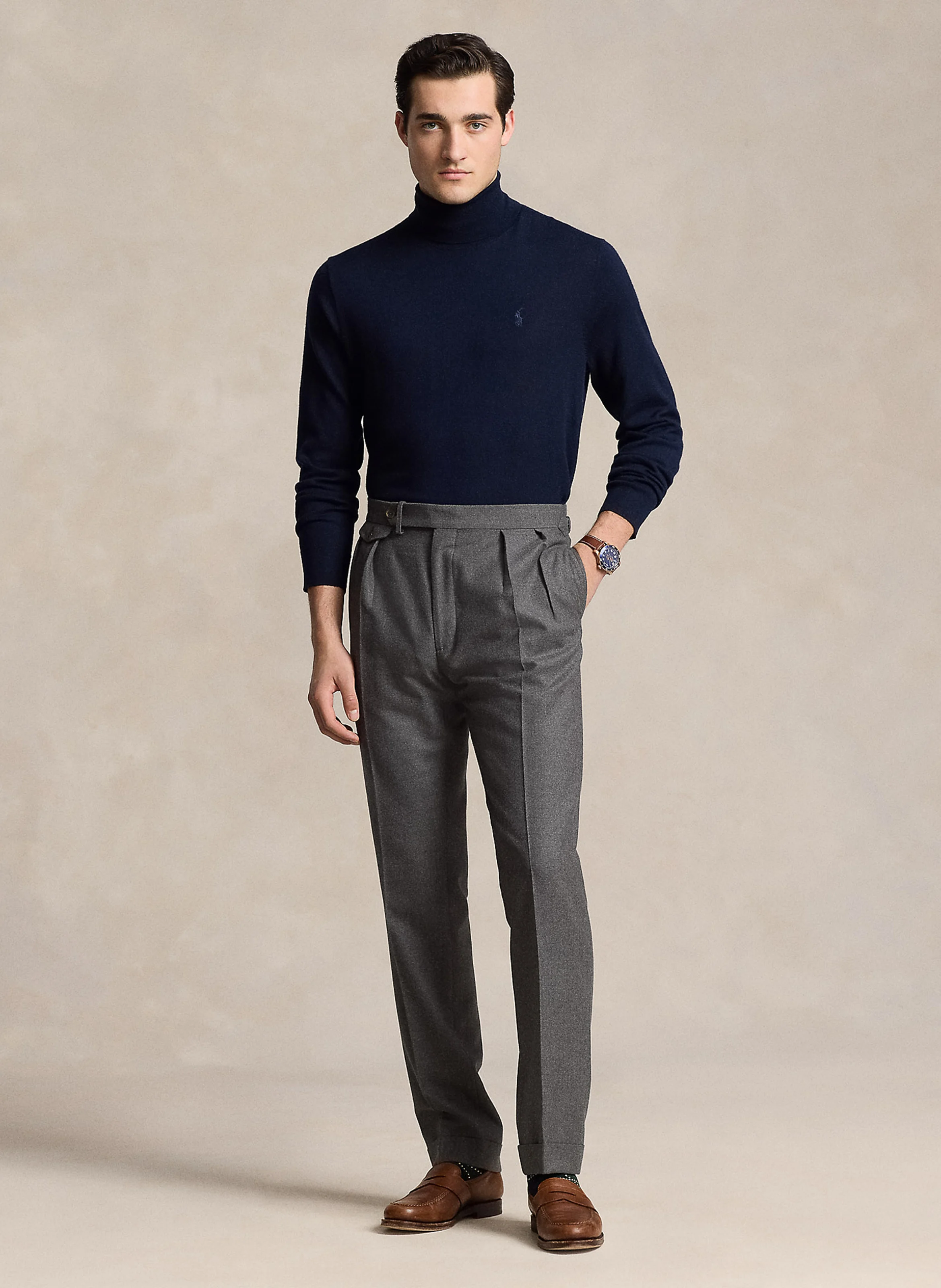 Pull col roulé brodé en laine| Bleu
