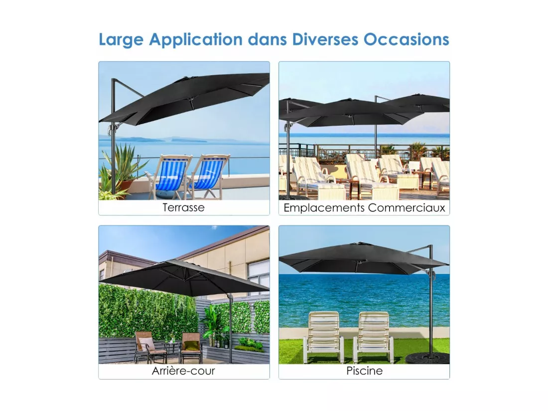 Parasol Déporté Pliable, Parasol de Jardin Extérieur Ø 3M, 3 Réglages d'Inclinaison Rotation à 360°, avec Base Croisée, Protection UV, Event pour Jardin, Terrasse