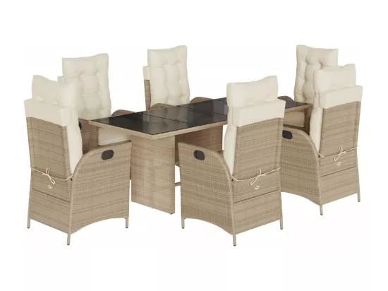 Ensemble à manger de jardin et coussins 7 pièces beige poly rotin