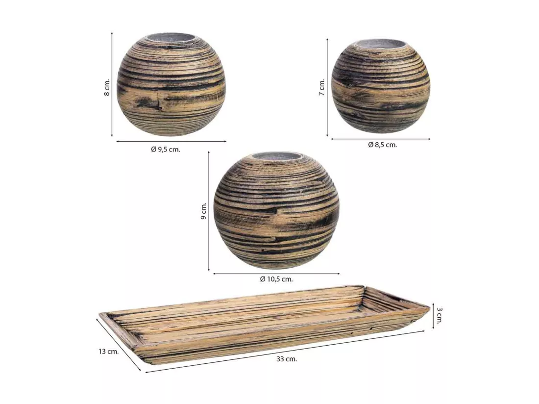 Ensemble plateau et 3 bougeoirs en bois de bambou marron 33x13x3h cm