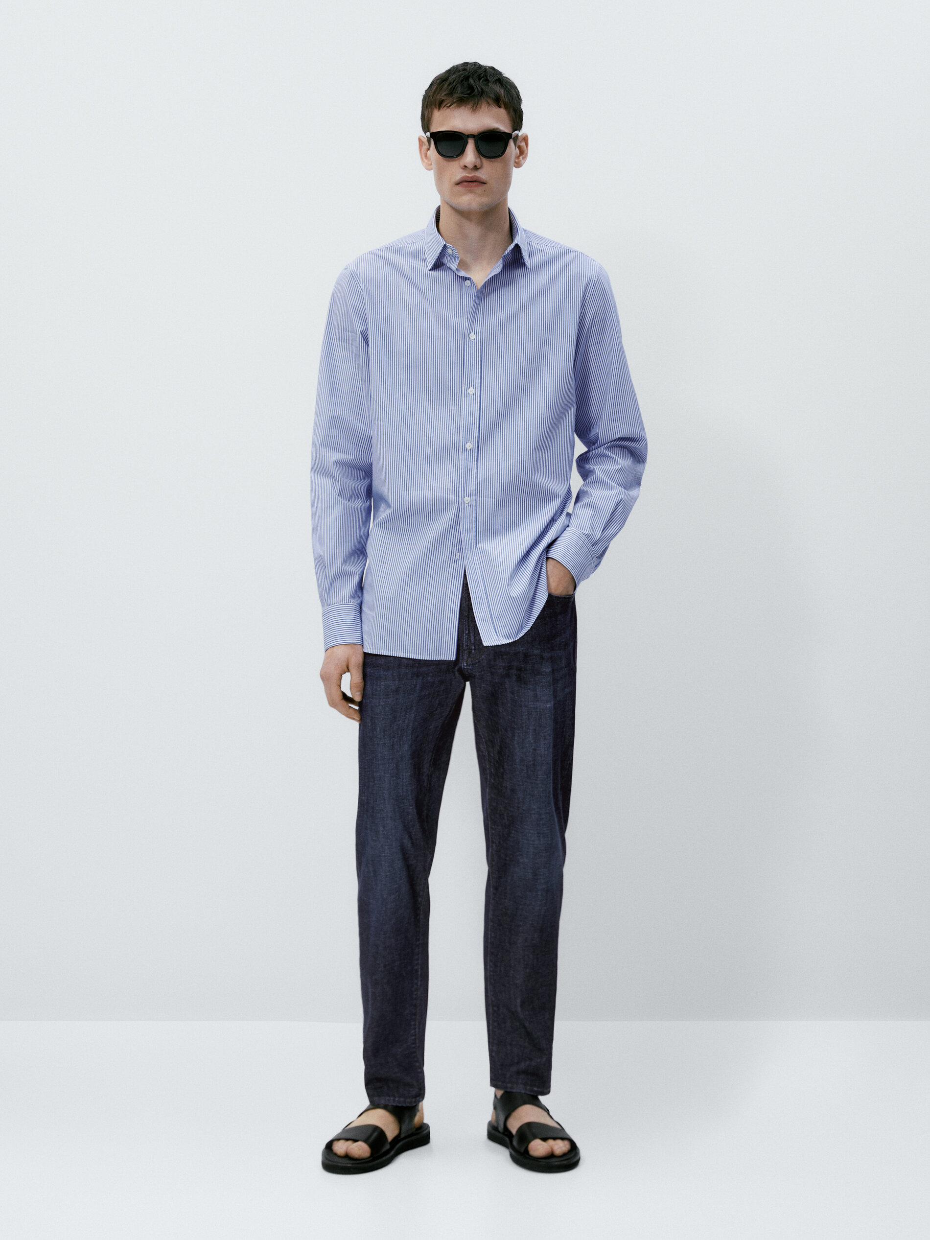 Camisa de algodão popeline listrada de corte justo - CELESTE