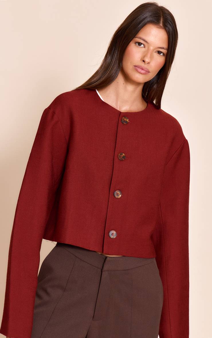 Rouille Veste Ample Boutonnée Aspect Lin
