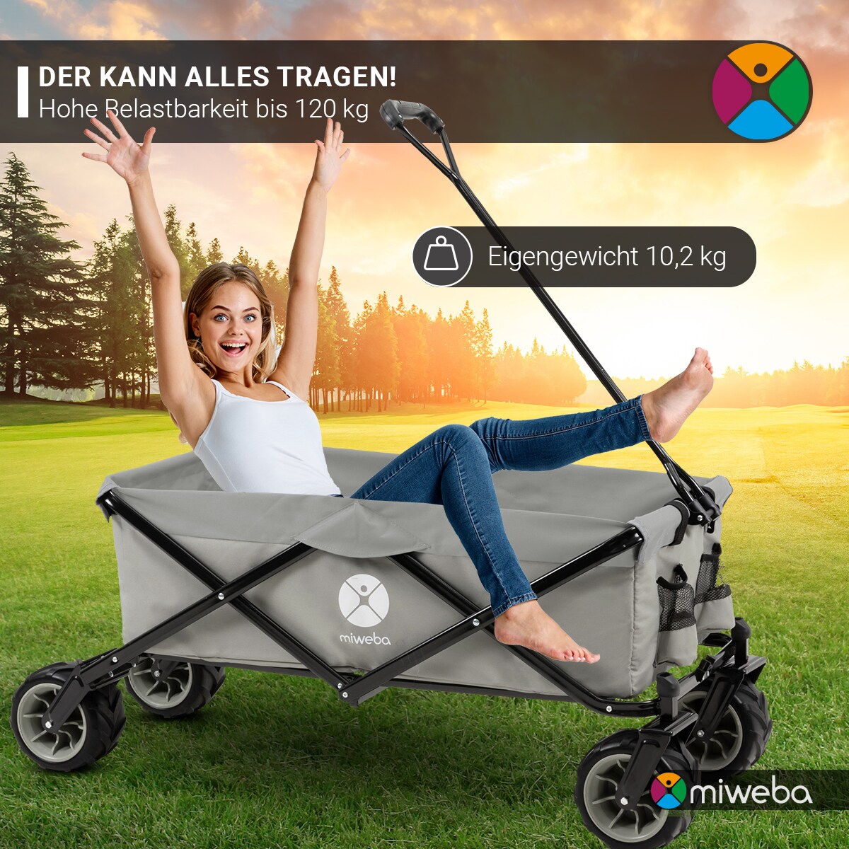 Miweba Bollerwagen MB-30, breite Reifen, faltbarer Bollerwagen mit Außentaschen, bis 120kg belastbar (Hellgrau/Dunkelgrau)