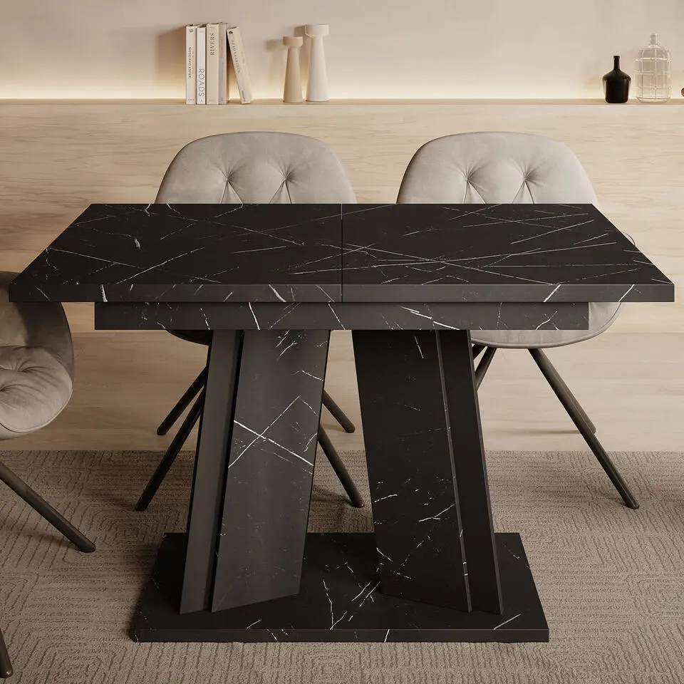 Meubella - Eetkamertafel Delilah - Zwart marmerlook - 160 cm - Uitschuifbaar