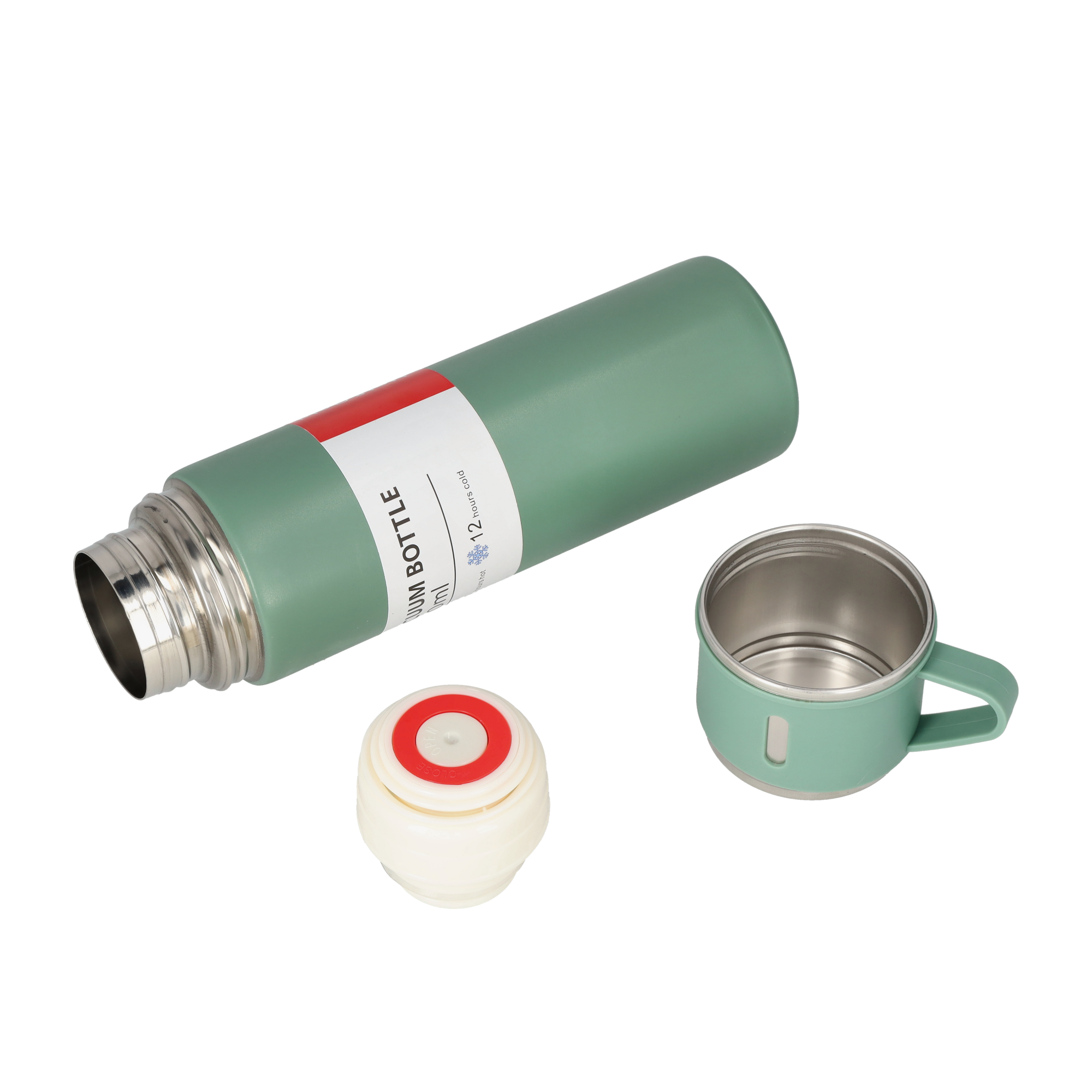 (4-tlg. Set) 500ml Edelstahl Thermo Trinkflasche Doppelwandige Camping Iso Kanne inkl. 3 Becher - Grün
