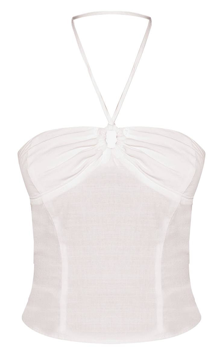 Blanc Top Caraco À Col Licou Avec Finitions Tissées