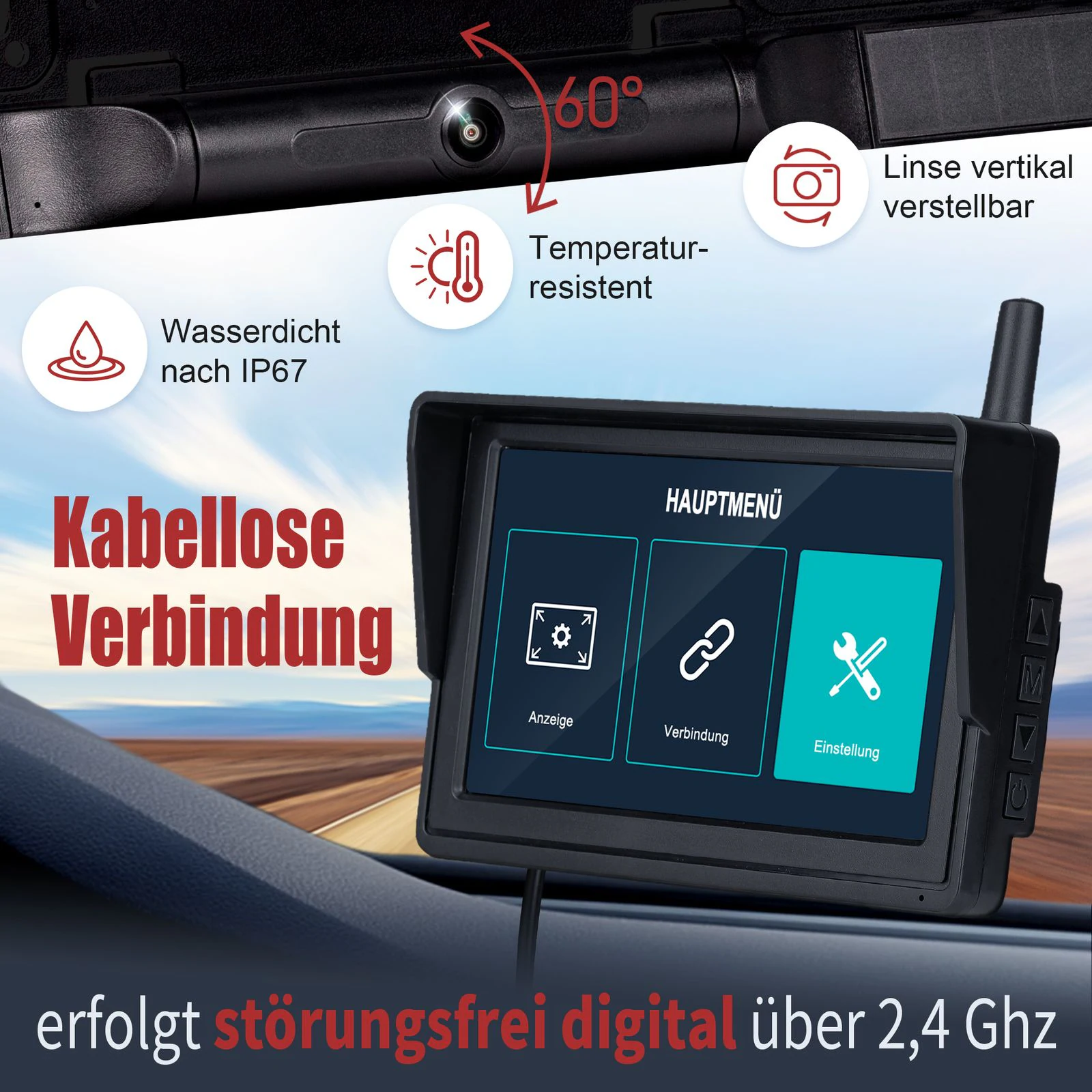 CARMATRIX DUO HD Solar Funk Rückfahrkamera mit 5