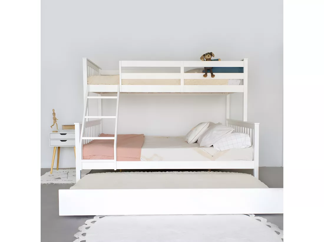 Lit superposé triple + lit pieds pliants bois blanc 135 cm