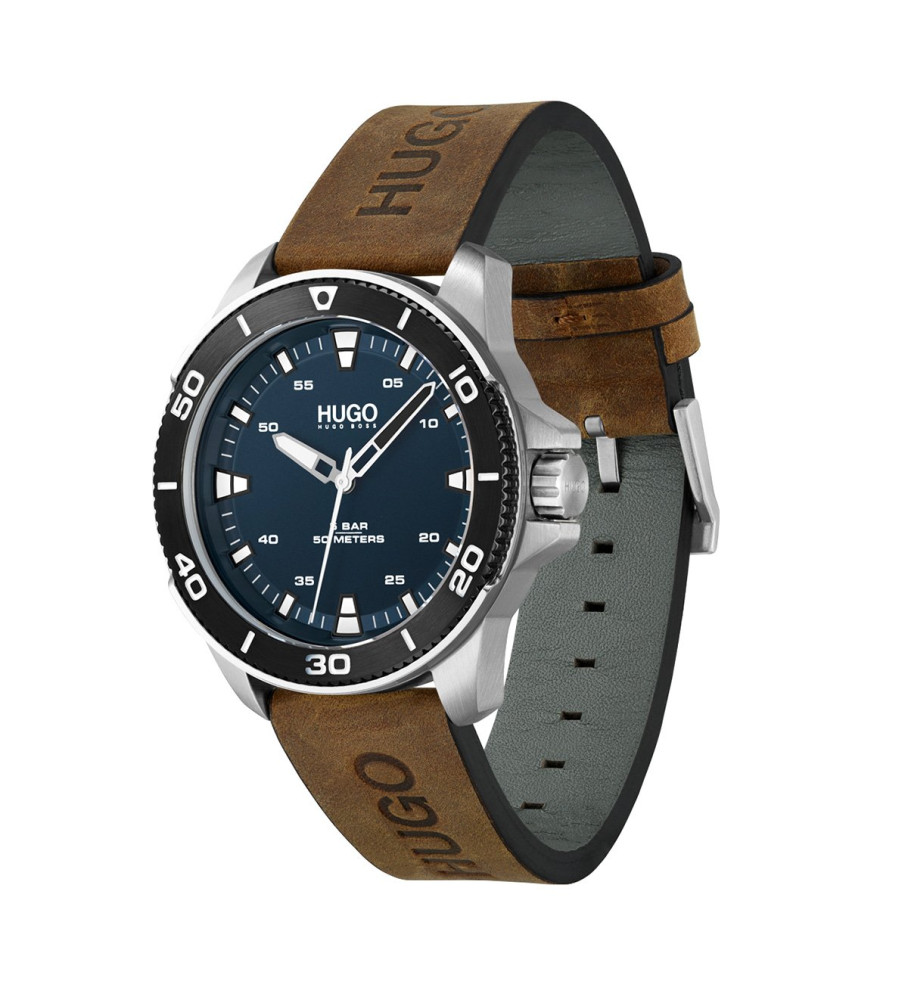 Relógio analógico HUGO com pulseira de couro Streetdriver azul