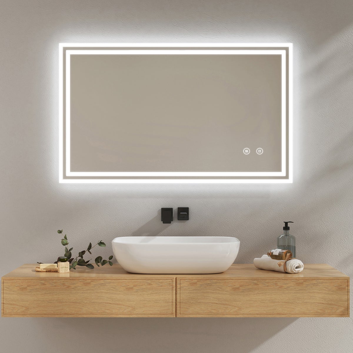 EMKE Badkamerspiegel met verlichting, LED-spiegel met aanraakschakelaar, anti-condens, 100 x 60 cm, koel wit
