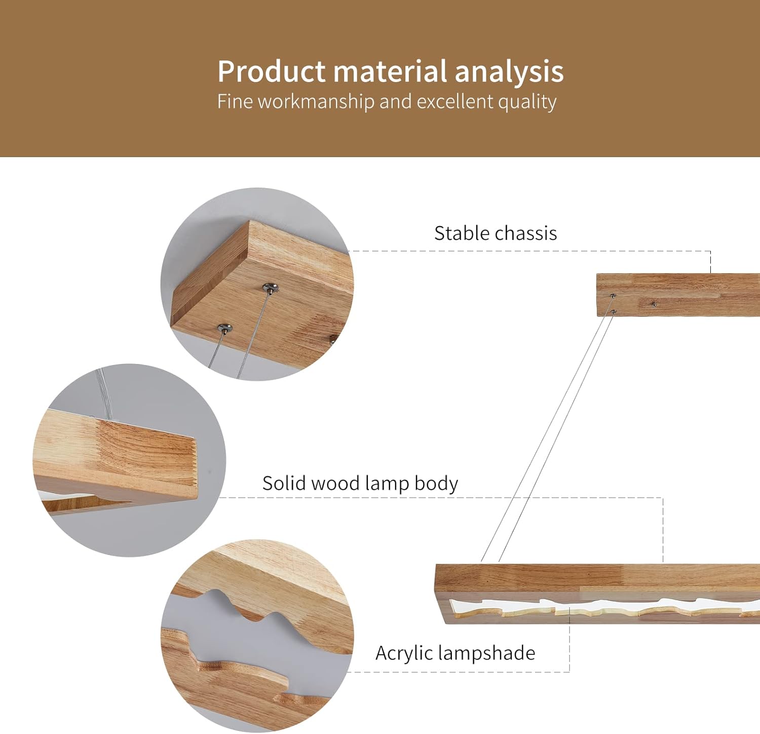LED-Hängeleuchte aus Holz, dimmbare rustikale Holz-Hängelampe für Esstisch, Höhenverstellbare Deckenleuchte,40W,100cm