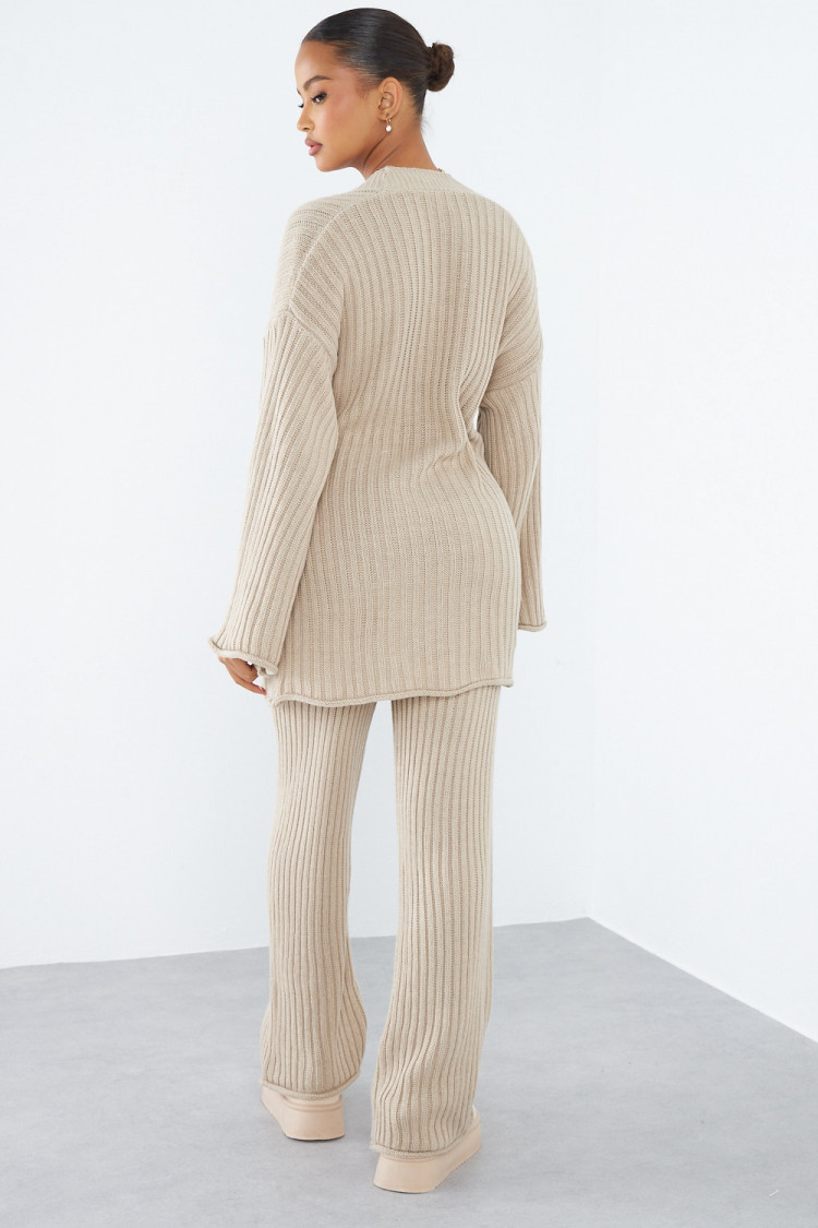 Ensemble 2 pièces gilet croisé + pantalon beige foncé en maille