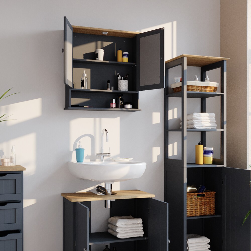 Vicco Wandspiegel Bianco Grau Badspiegel mit Ablage 2 Türen 58x56cm Hängespiegel Spiegel für Badezimmer im Landhausstil