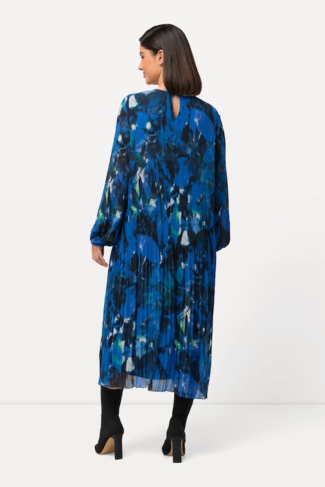 Plissee-Kleid, Blätter, A-Linie, Rundhals, Langarm