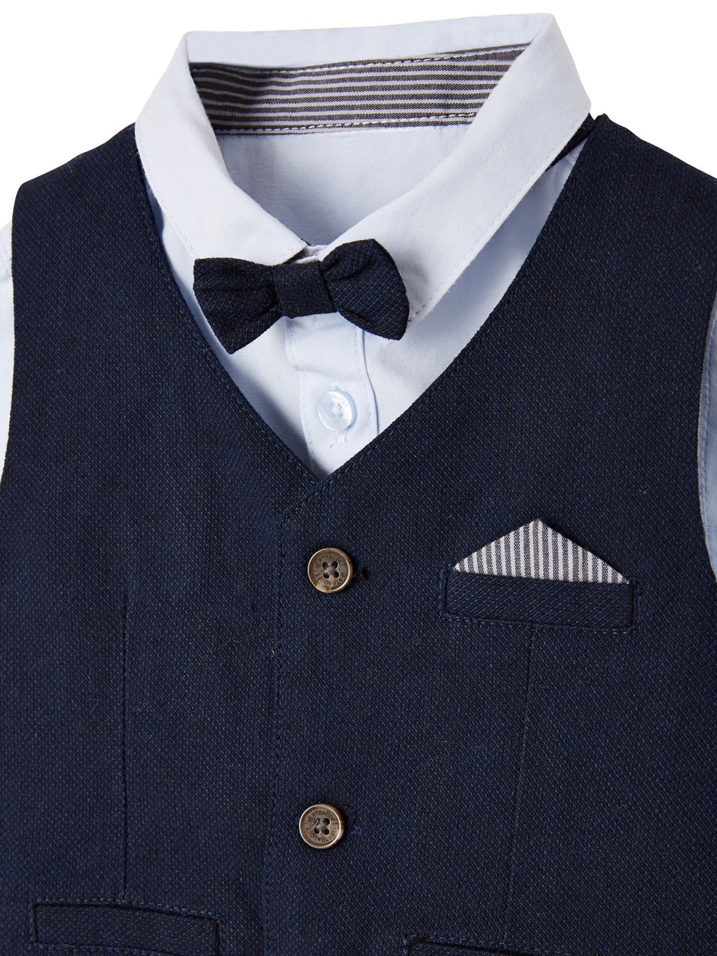 Vertbaudet Festliches Jungen Baby-Set: Hemd, Hose, Weste & Fliege, Bundweite verstellbar blau/nachtblau/grau