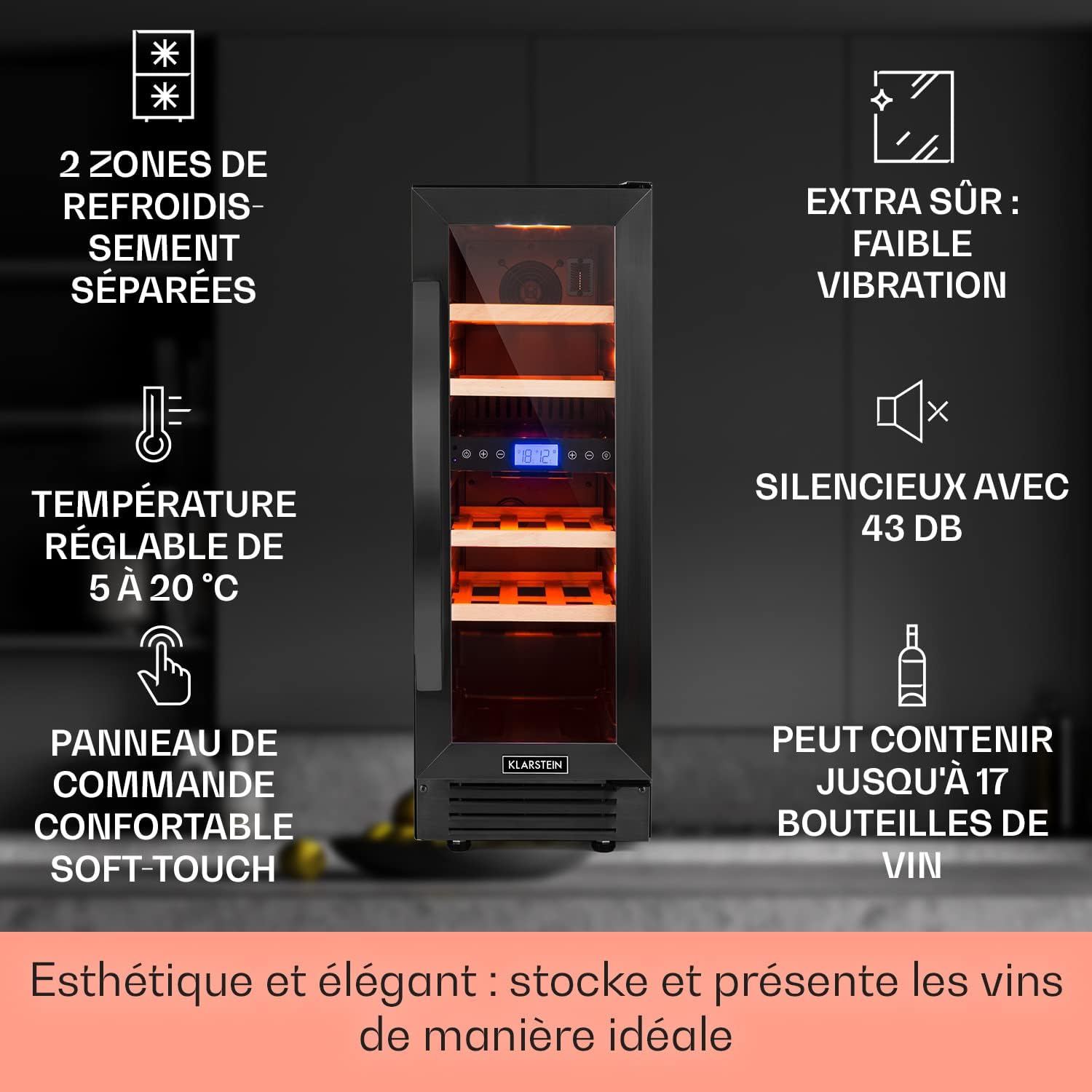 KLARSTEIN Cave a Vin Encastrable, Caves à Vin de 53L avec une Porte en Verre, Cave a Vins à Double Zone, Bar Intérieur/Extérieur, Frigo Vin, Cave a Vin de Vieillissement, Cave à Vin 17 Bouteilles