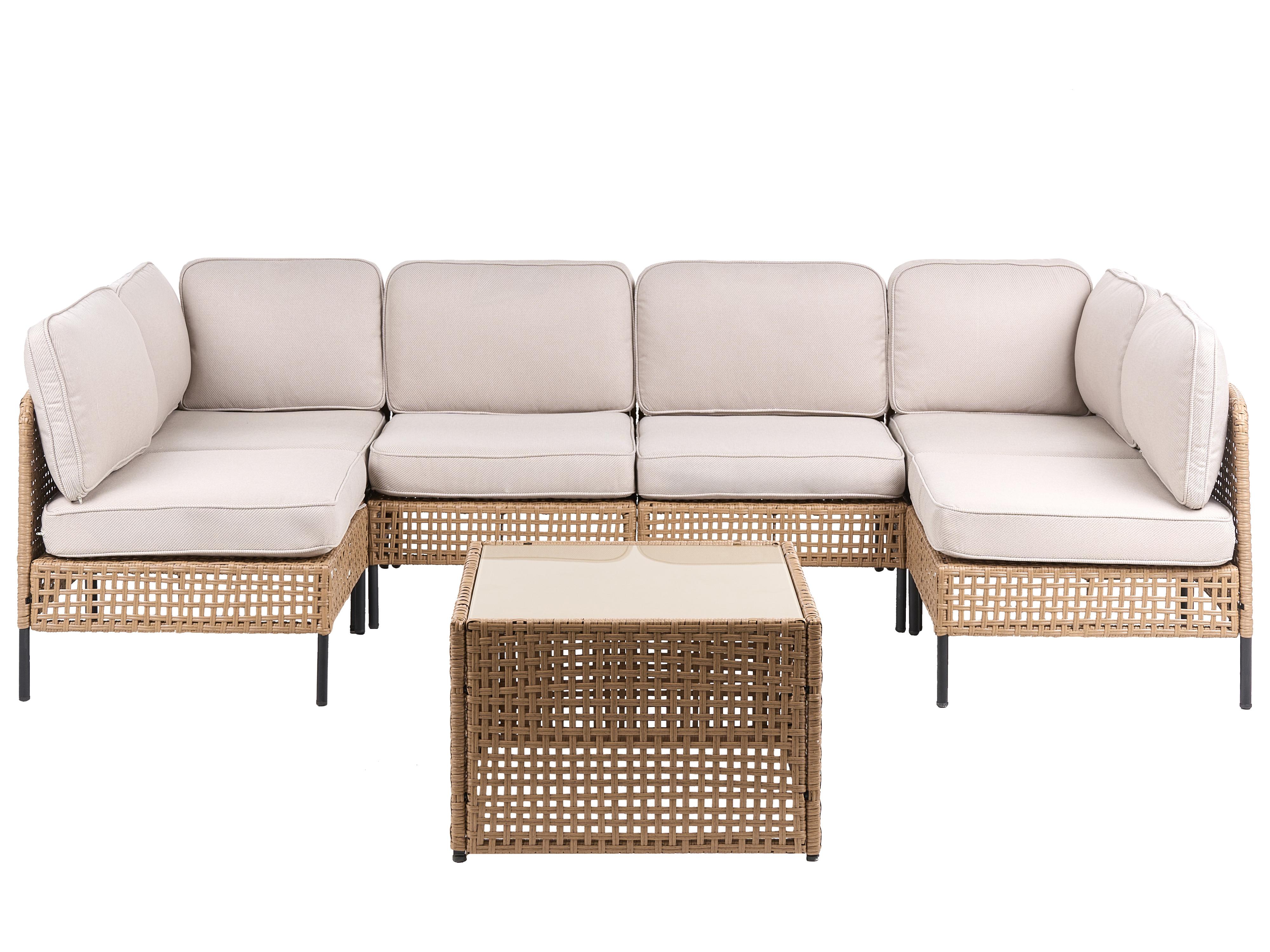 U-vormige tuinbank 6-zits OMEGANA modulair PE rotan Lichtbeige