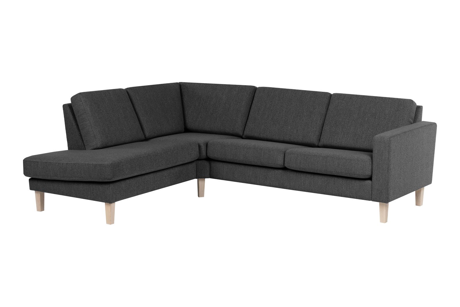 Slogen hjørnesofa Oppsett AV. 2,5-seter med åpen ende venstre. Tekstil Viva Dark Grey med standard ryggpute. Vange B og hvitpigmentert ben 178.